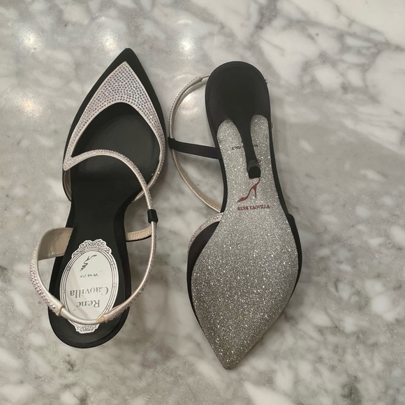 Rene Caovilla Asymmetric Satin Sling Back in Black & White - Picture 4 of 7